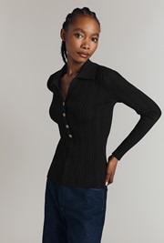 Jean Ribbed Knit Polo Top