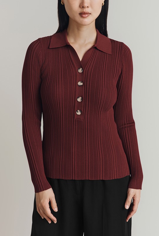 Jean Ribbed Knit Polo Top