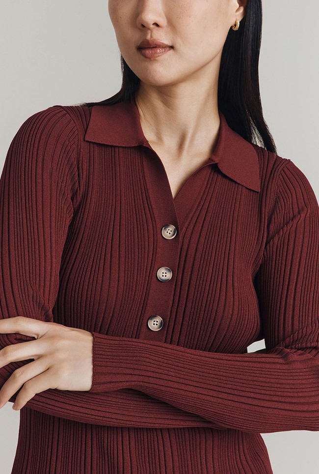 Jean Ribbed Knit Polo Top