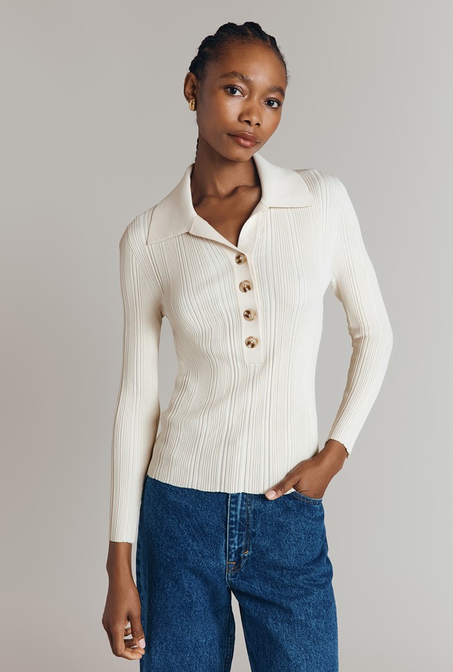 Jean Ribbed Knit Polo Top