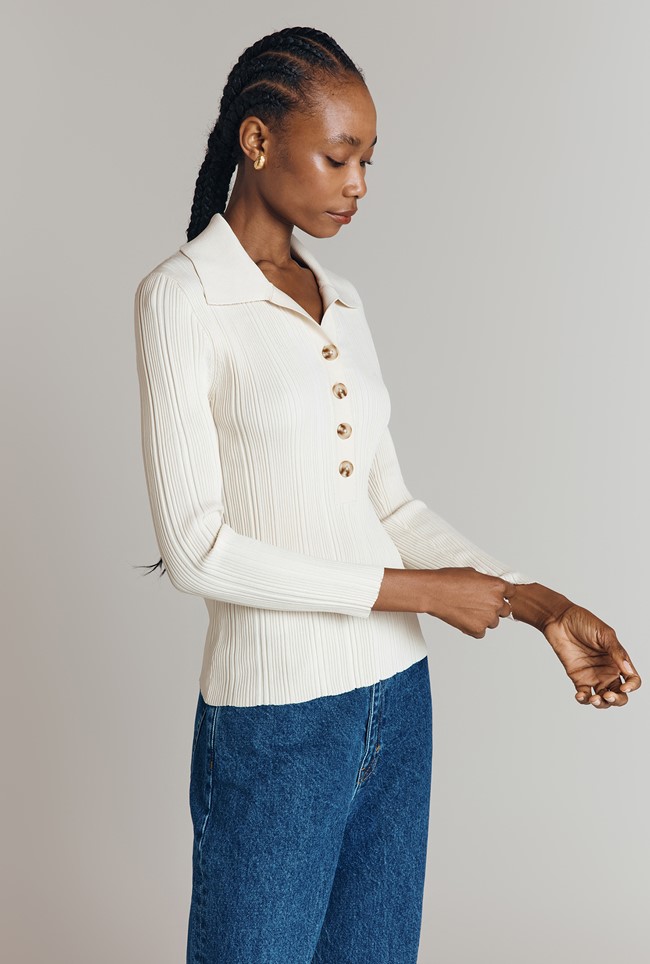 Jean Ribbed Knit Polo Top