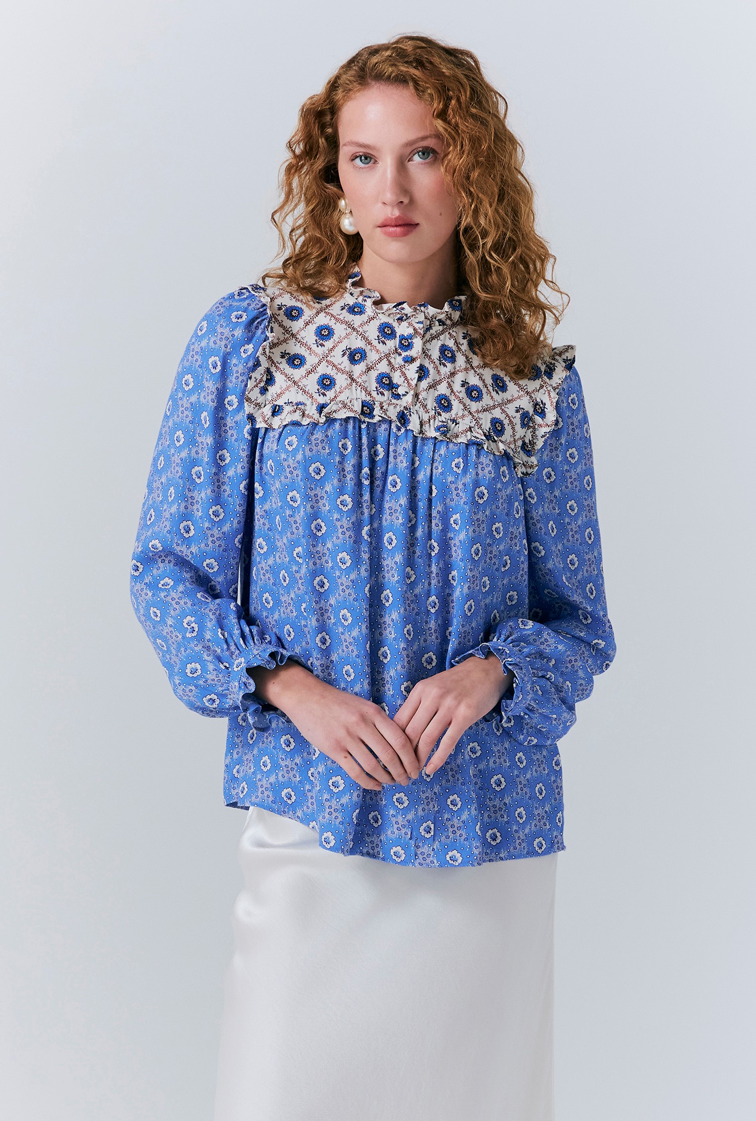 Naomi Blue Floral Contrast Blouse Ghost London