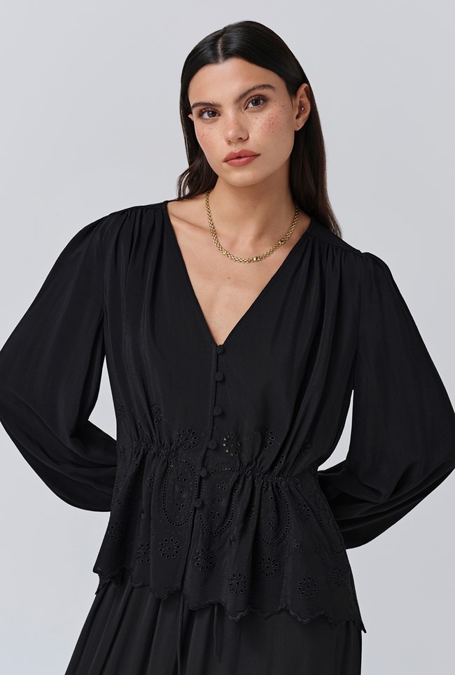 Ada Crepe V Neck Button Down Blouse