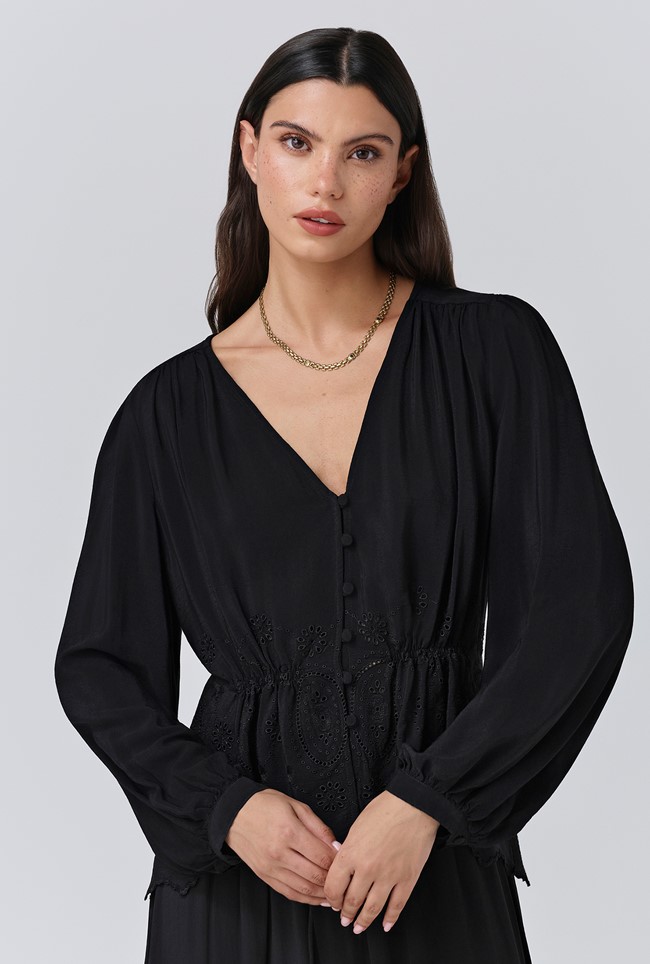 Ada Crepe V Neck Button Down Blouse