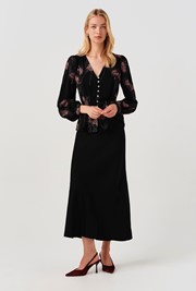 Ada Embroidered Crepe V Neck Button Down Blouse