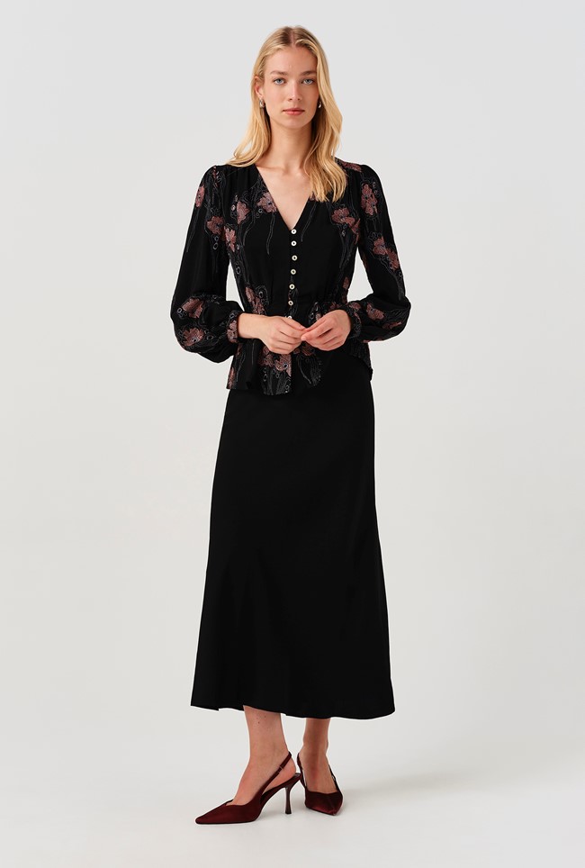 Ada Embroidered Crepe V Neck Button Down Blouse