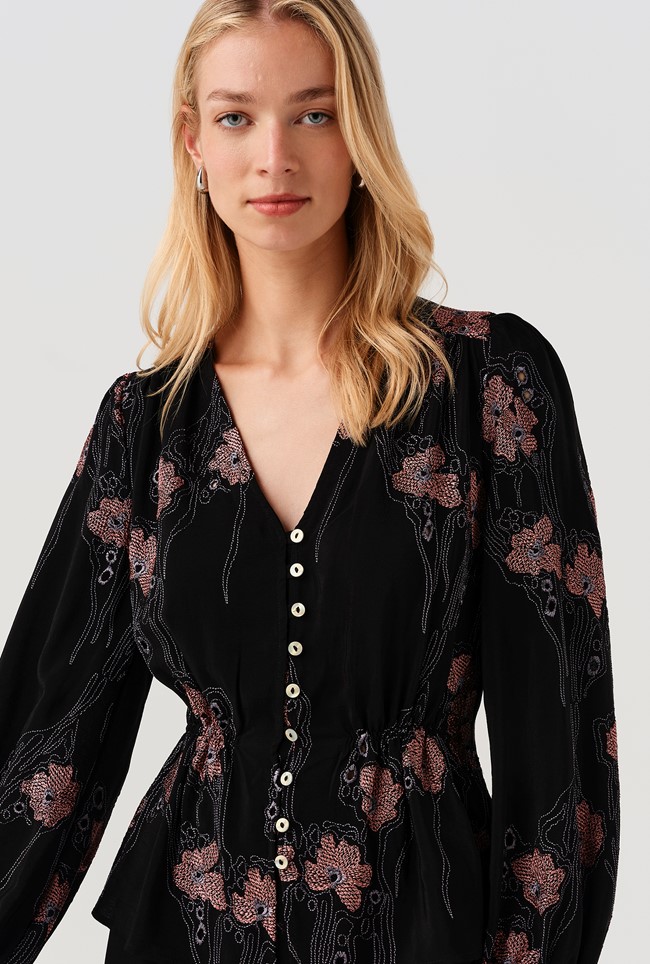 Ada Embroidered Crepe V Neck Button Down Blouse