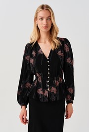 Ada Embroidered Crepe V Neck Button Down Blouse