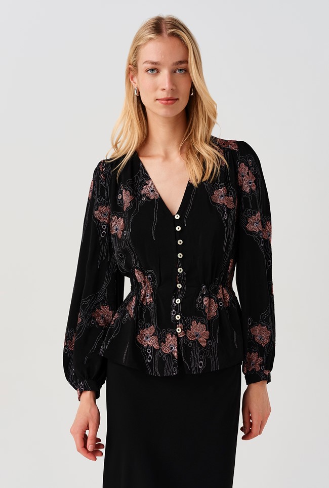 Ada Embroidered Crepe V Neck Button Down Blouse
