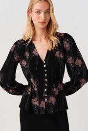 Ada Embroidered Crepe V Neck Button Down Blouse