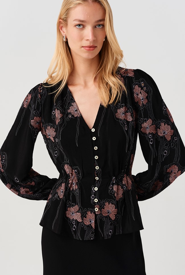 Ada Embroidered Crepe V Neck Button Down Blouse