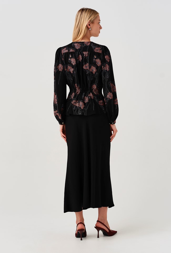 Ada Embroidered Crepe V Neck Button Down Blouse
