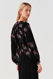 Ada Embroidered Crepe V Neck Button Down Blouse