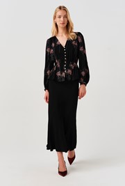 Ada Embroidered Crepe V Neck Button Down Blouse