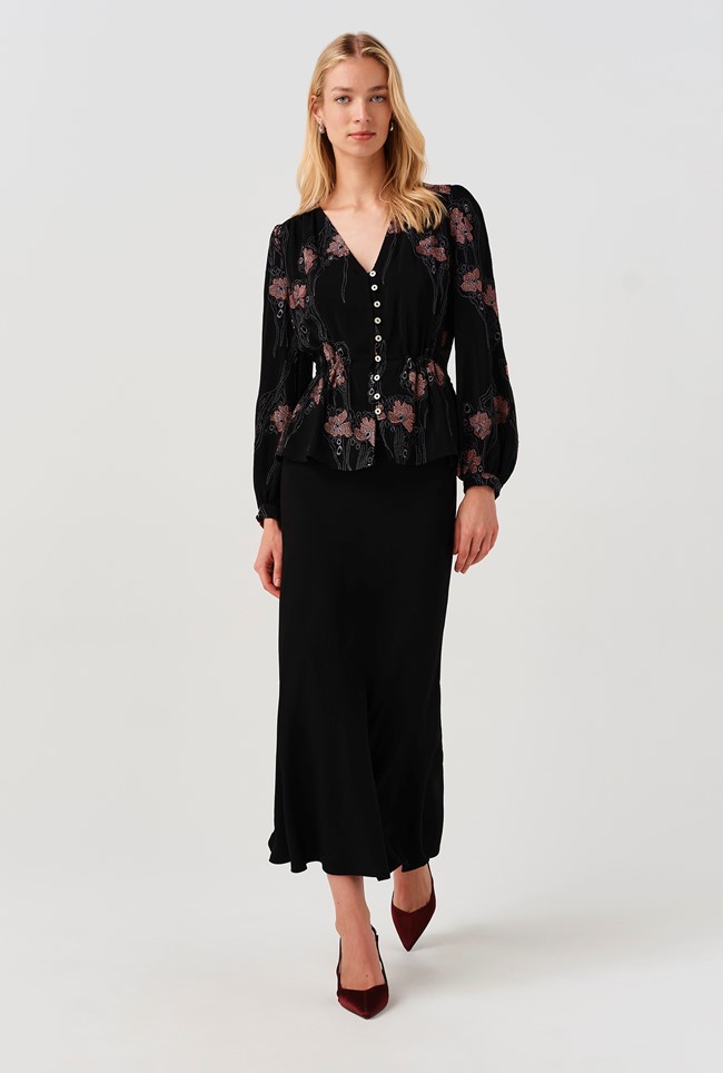 Ada Embroidered Crepe V Neck Button Down Blouse