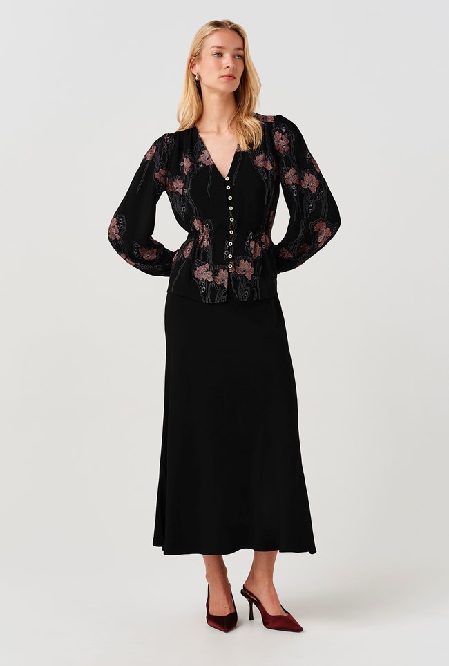 Ada Embroidered Crepe V Neck Button Down Blouse