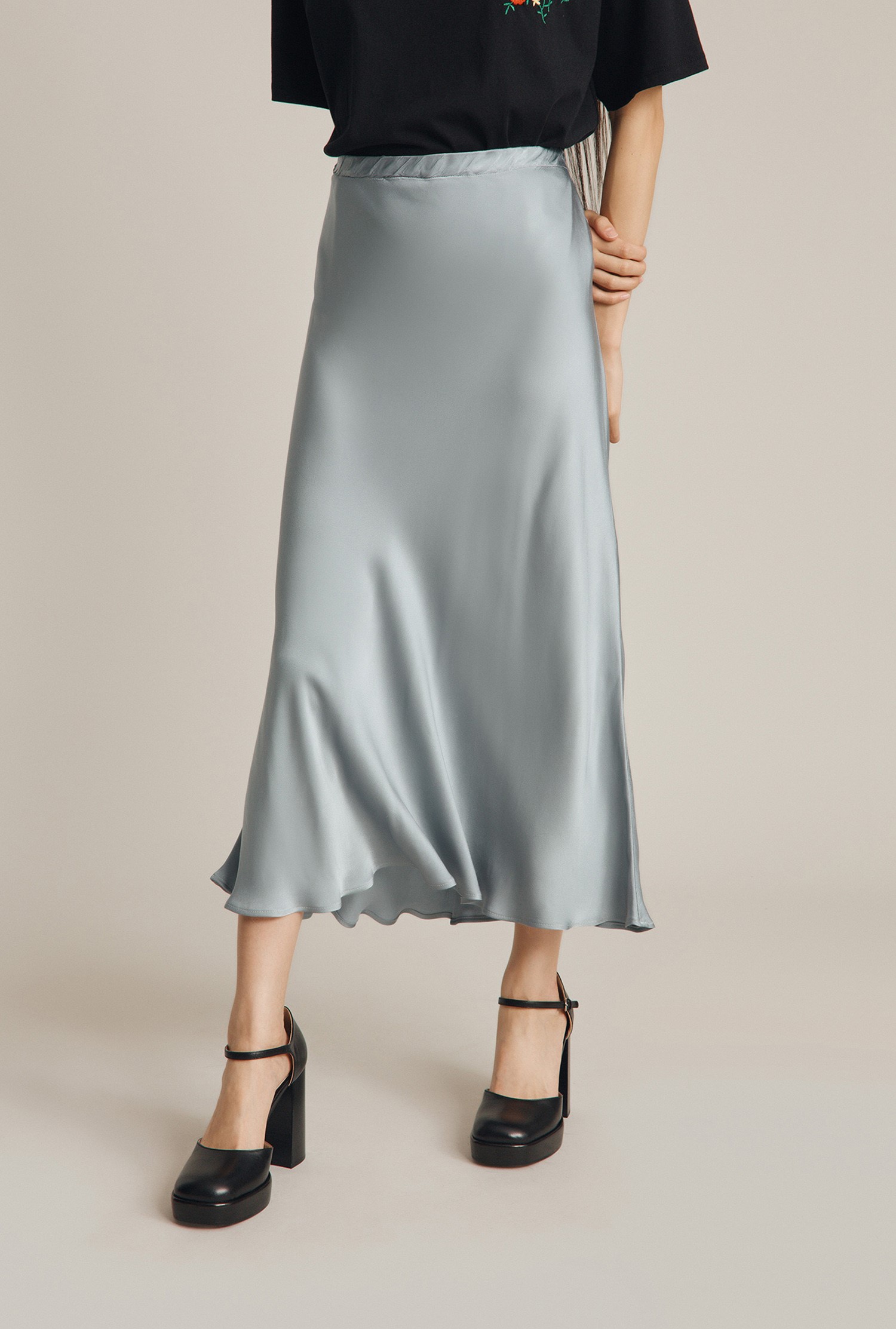 Luna Satin Silver Skirt | Semi-Fitted | Ghost London