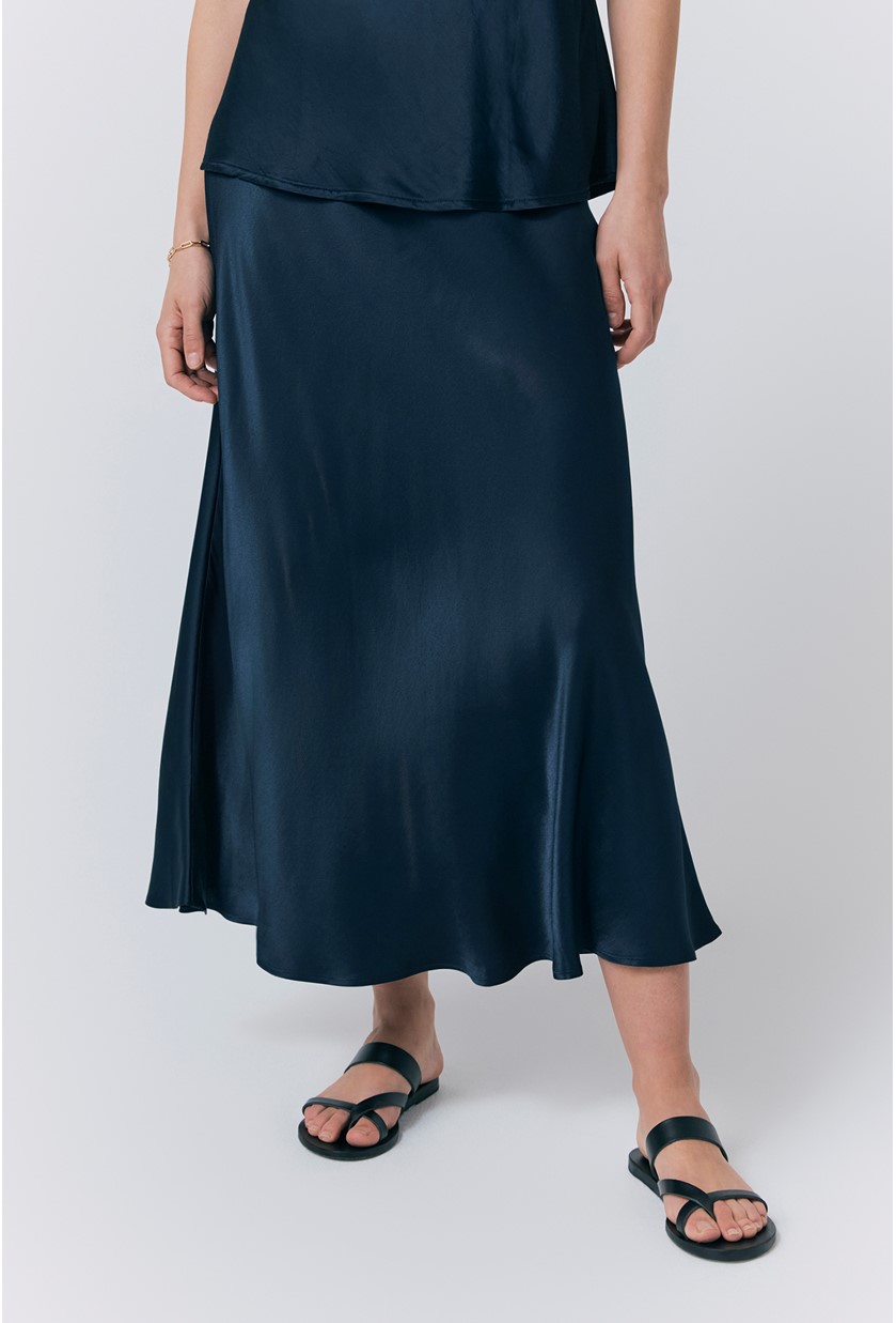 Luna Navy Satin Slip Skirt | Ghost London