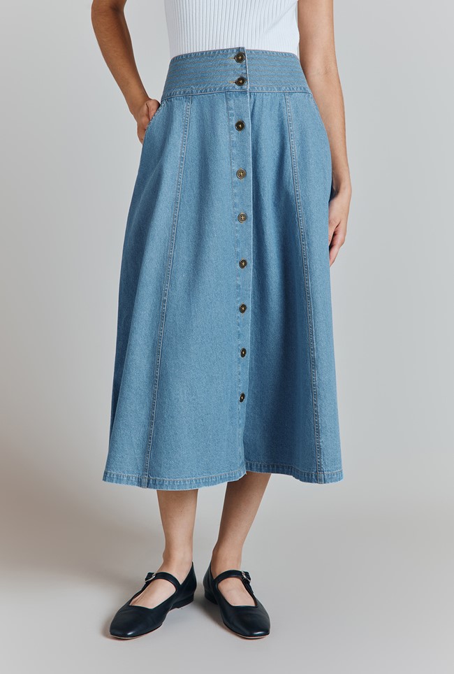 Flora Denim Panelled Button Through Midi Skirt