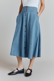 Flora Denim Panelled Button Through Midi Skirt