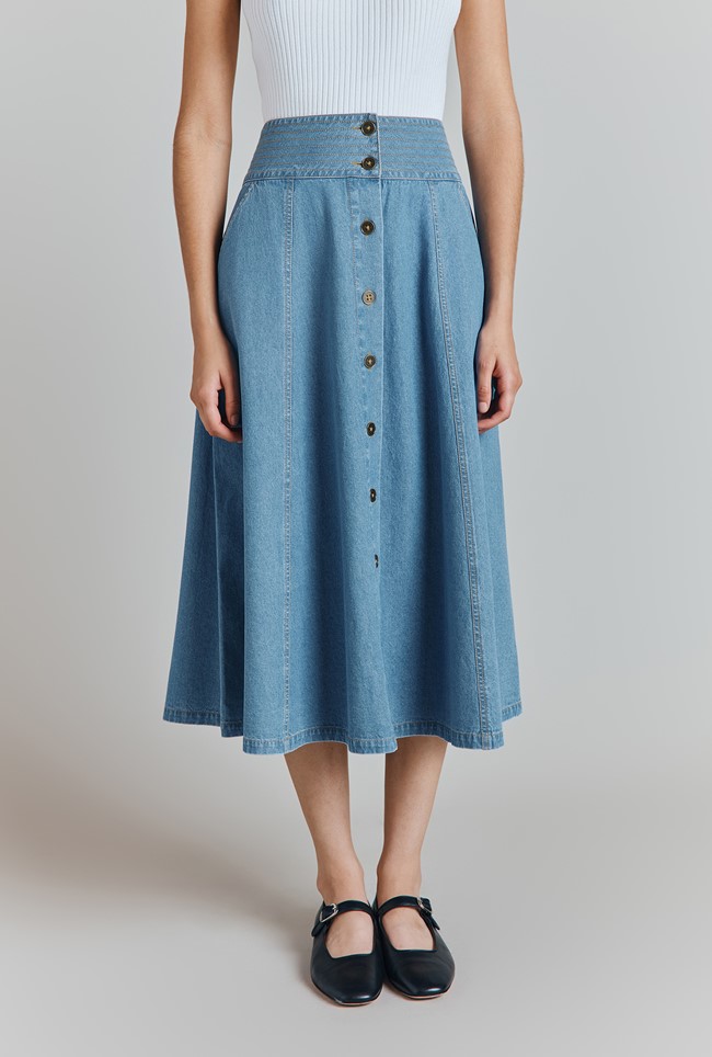 Flora Denim Panelled Button Through Midi Skirt