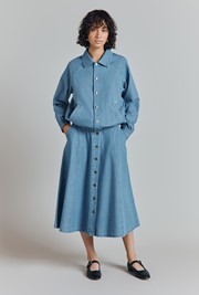 Flora Denim Panelled Button Through Midi Skirt