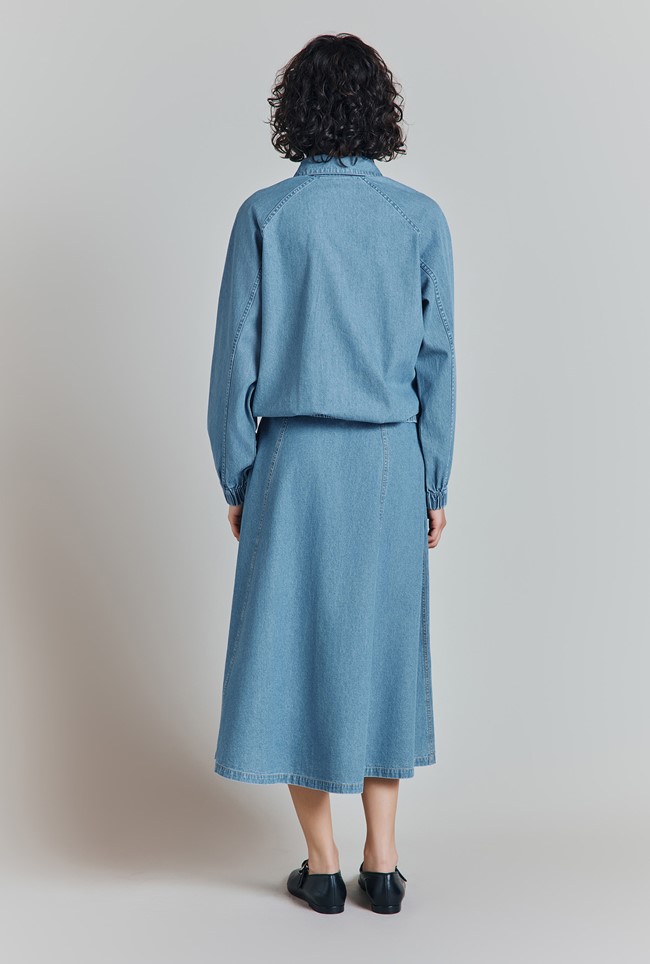 Flora Denim Panelled Button Through Midi Skirt