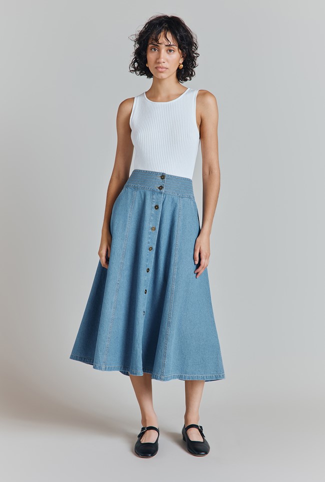 Flora Denim Panelled Button Through Midi Skirt