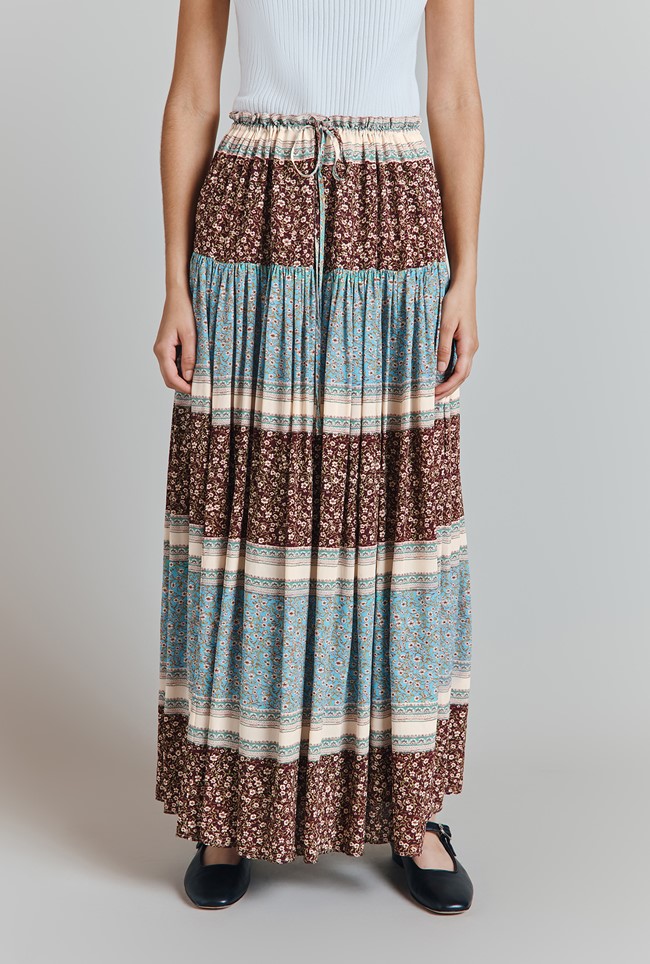 Hazel Border Print Gathered Drawstring Skirt