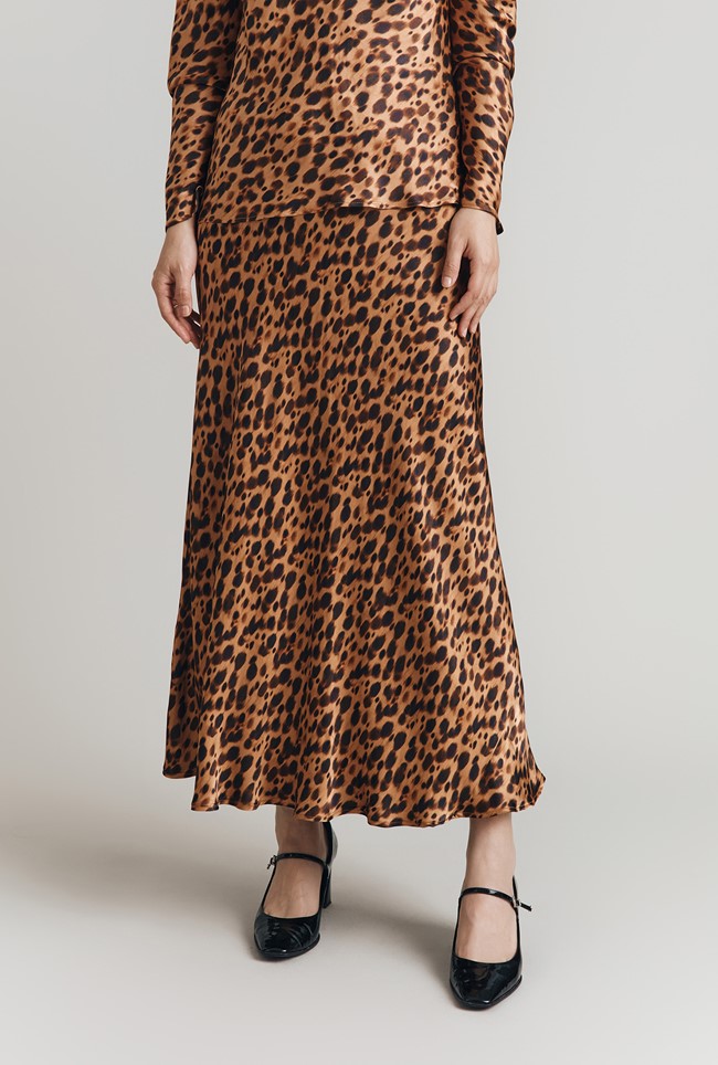 Jannae Leopard Print Satin Maxi Slip Skirt