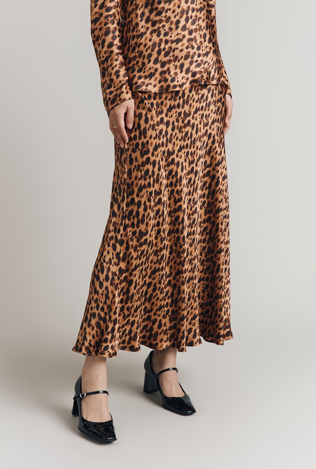 Jannae Leopard Print Satin Maxi Slip Skirt