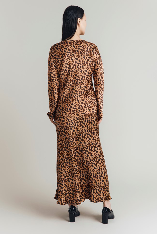 Jannae Leopard Print Satin Maxi Slip Skirt