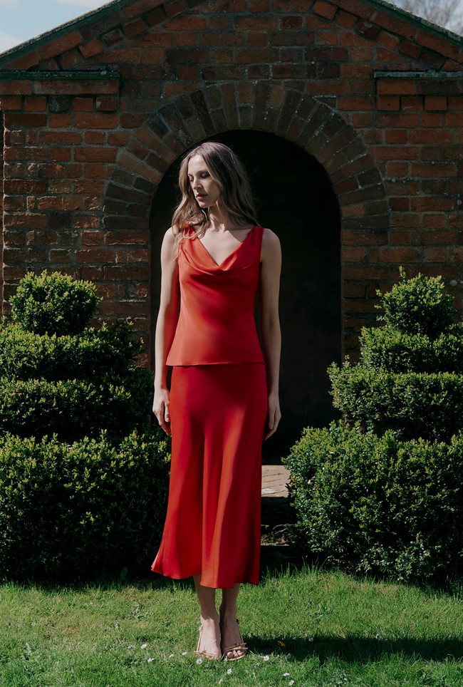 Dahlia Picot Trim Satin Midi Skirt