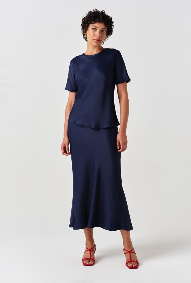 Dahlia Picot Trim Satin Midi Skirt