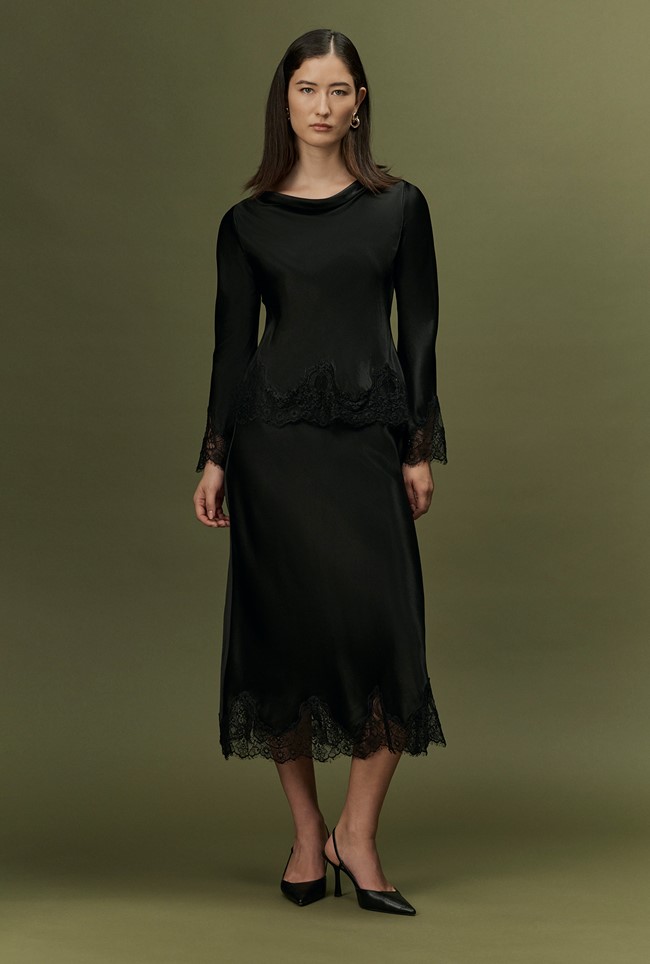 Rosa Lace Trim Midi Satin Skirt