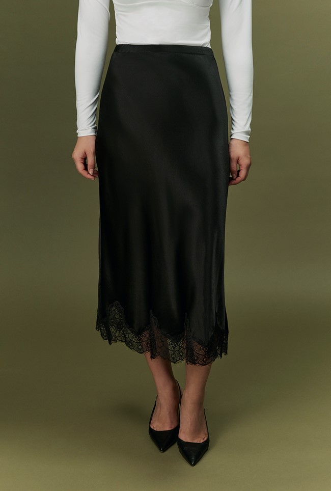 Rosa Lace Trim Midi Satin Skirt