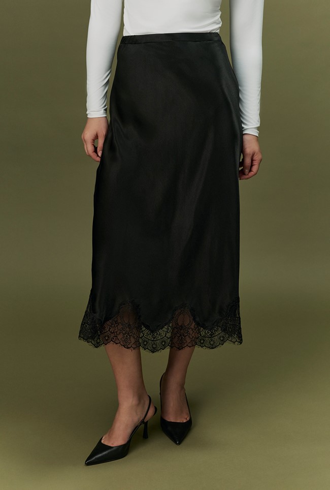 Rosa Lace Trim Midi Satin Skirt