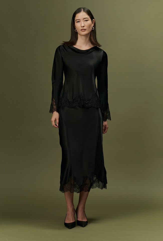 Rosa Lace Trim Midi Satin Skirt