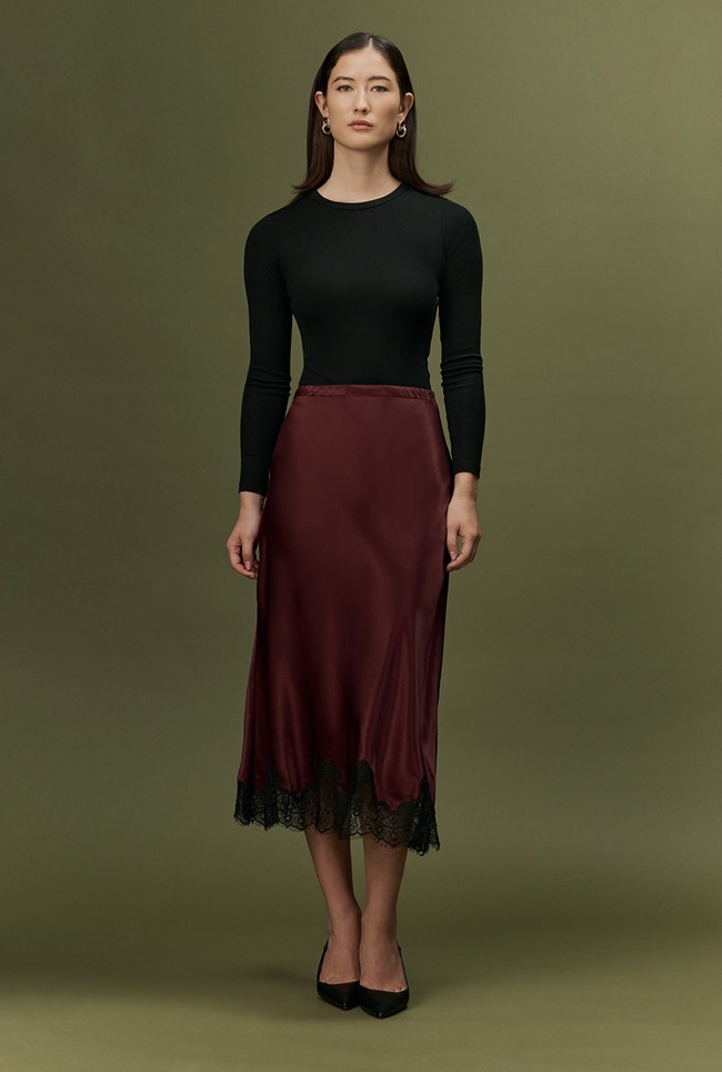 Rosa Lace Trim Midi Satin Skirt