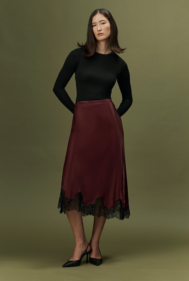 Rosa Lace Trim Midi Satin Skirt