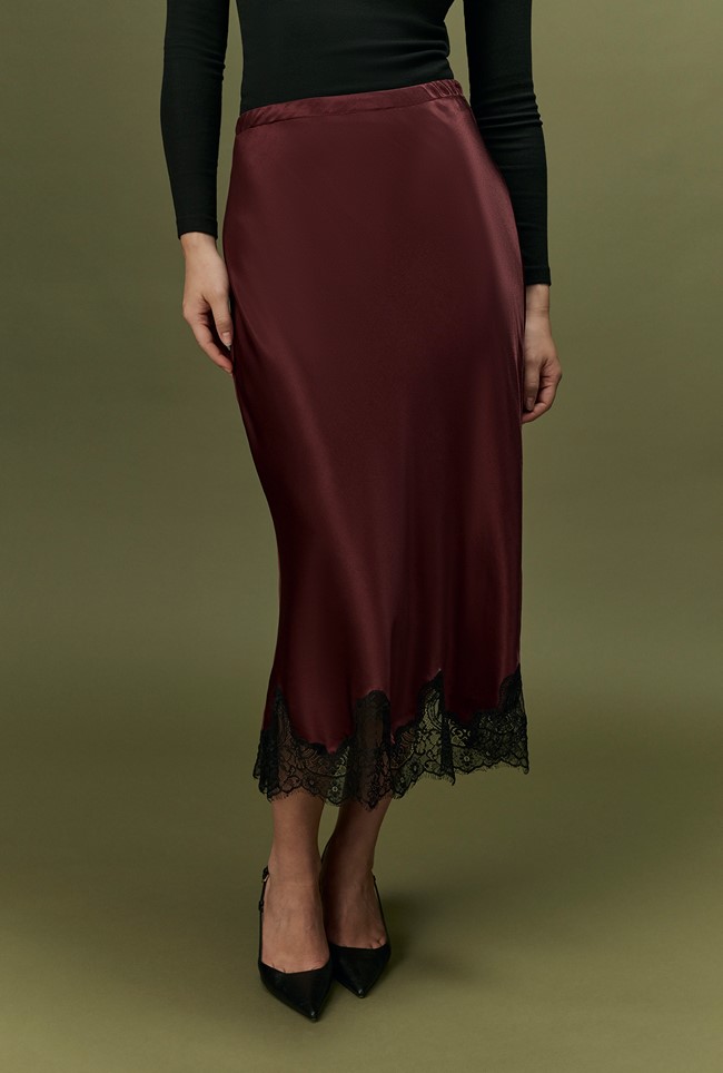 Rosa Lace Trim Midi Satin Skirt