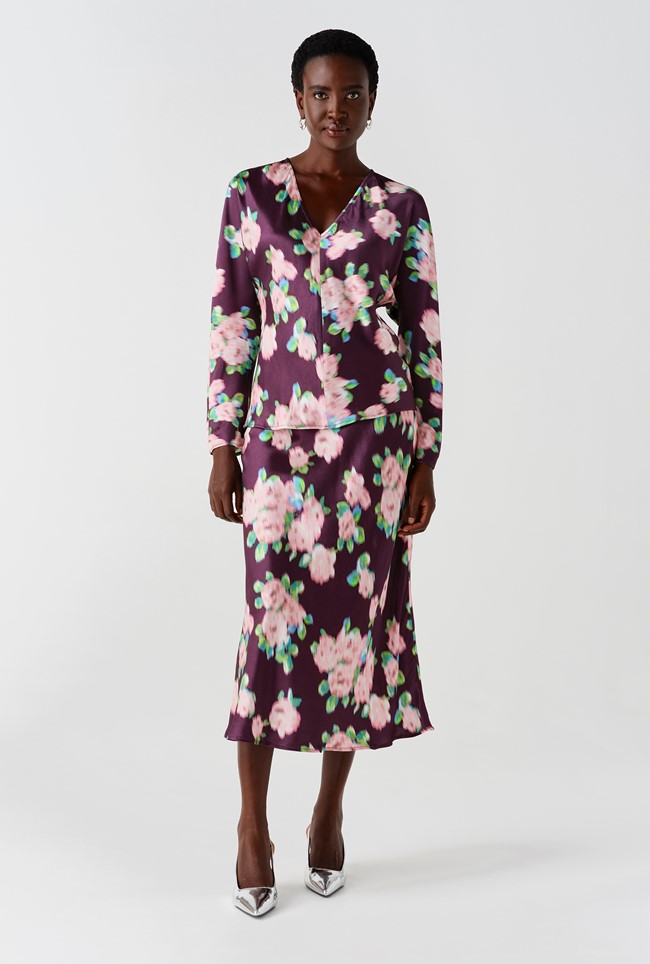 Luna Floral Satin Midi Slip Skirt