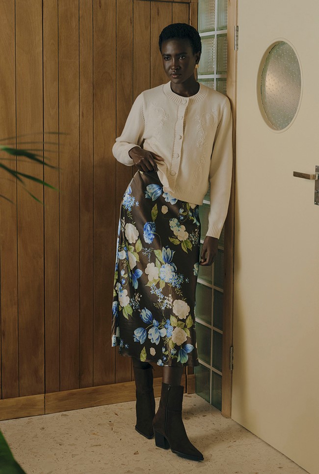 Luna Floral Satin Midi Slip Skirt