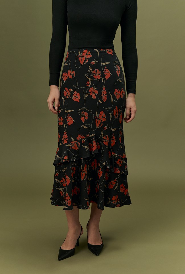 Cici Floral Crepe Tiered Midi Skirt