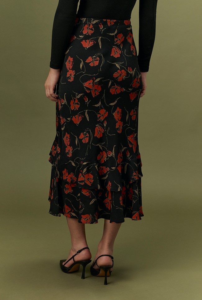 Cici Floral Crepe Tiered Midi Skirt