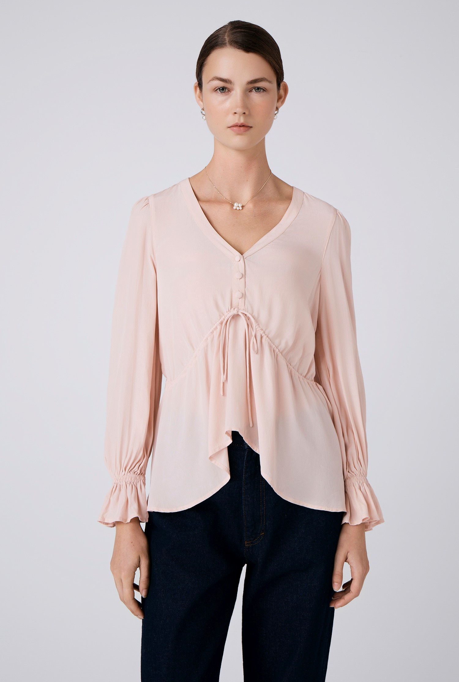 An image depicting Ghost Tabitha Crepe Tie Waist Blouse