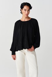 Lume Crepe Embroidered Long Sleeve Top