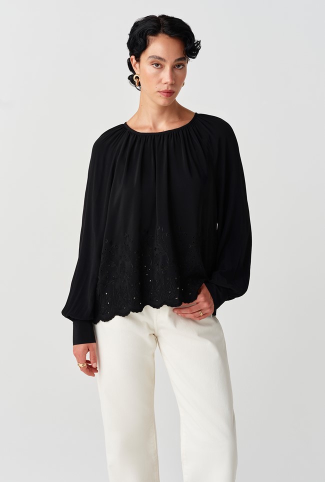 Lume Crepe Embroidered Long Sleeve Top