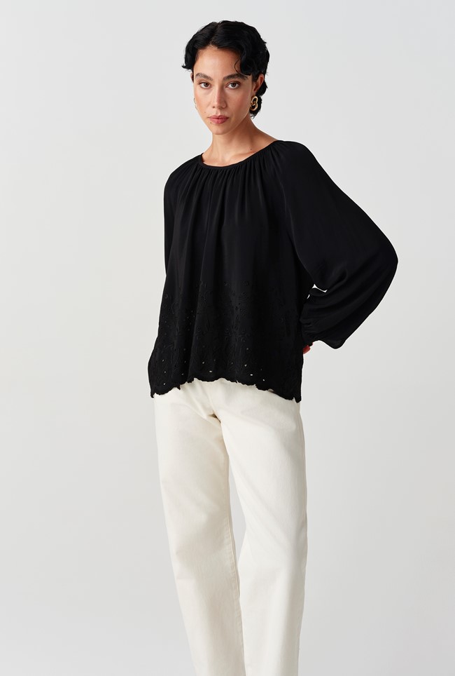 Lume Crepe Embroidered Long Sleeve Top