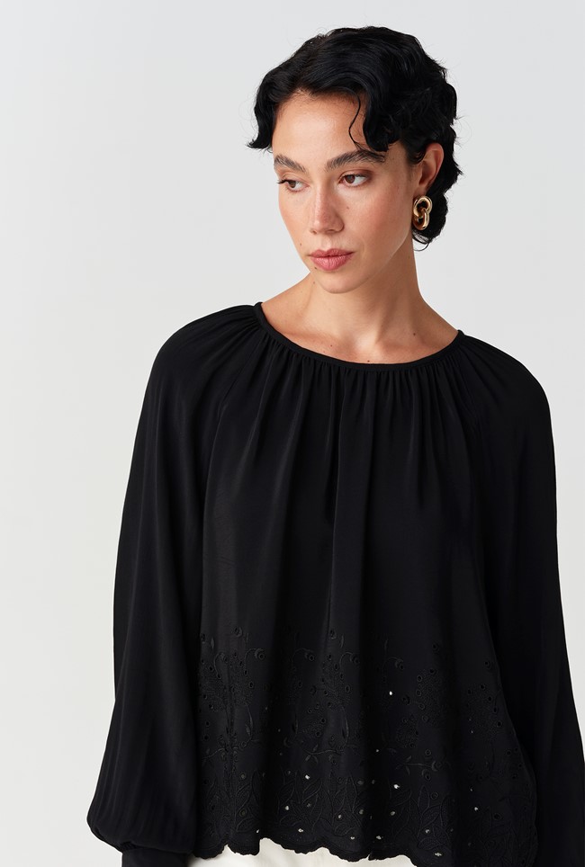 Lume Crepe Embroidered Long Sleeve Top